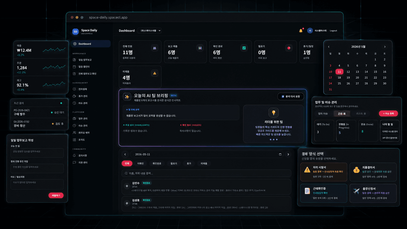 Space-Daily Enterprise dashboard 미리보기 — 일일 업무보고, AI 팀 브리핑, 결재 양식, 캘린더, 업무·이슈 관리 통합
